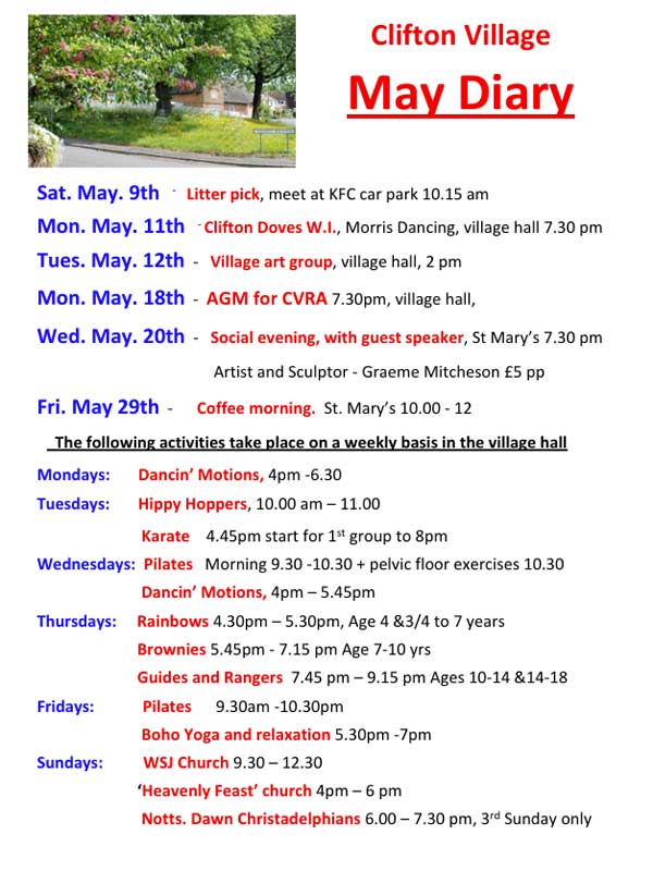 Clifton Village Diary Dates: May,2026